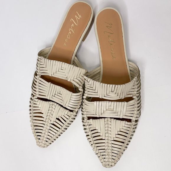 Mattise Flats Mules Cream Vegan Leather Woven Size 10 Pointed Toe Slip On Cannes - Picture 2 of 8
